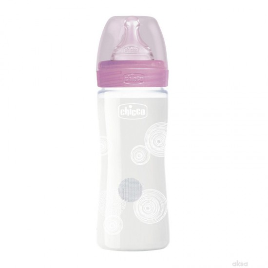 Flasica staklena 240ml 0+ silikon wb roza